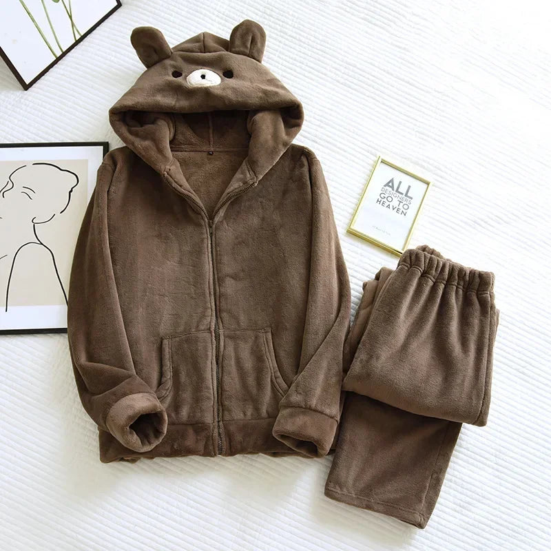 New couple autumn and winter pajamas long-sleeved trousers flannel cute cartoon thick warm men and women home service suit sleep