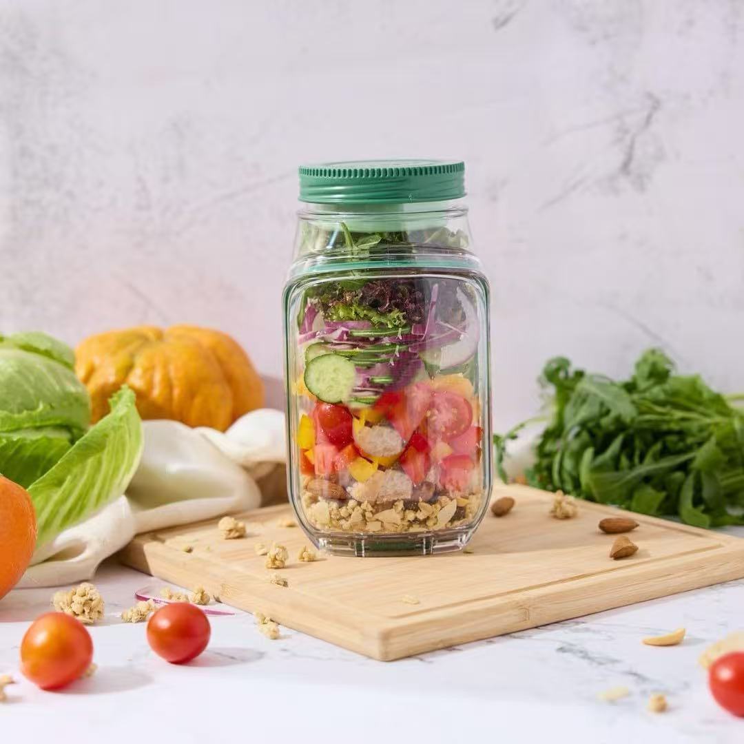 Zelvo Salad Jar Side Open Plastic Leakproof Portable Salad Container with Dressing Compartment for Travel Meal Preparation