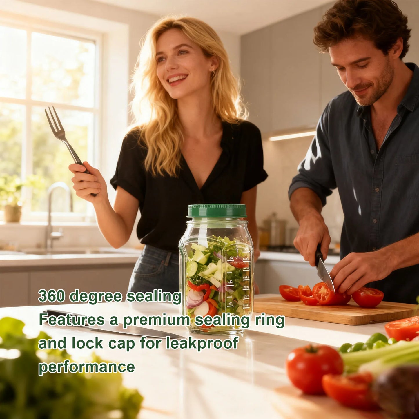 Zelvo Salad Jar Side Open Plastic Leakproof Portable Salad Container with Dressing Compartment for Travel Meal Preparation